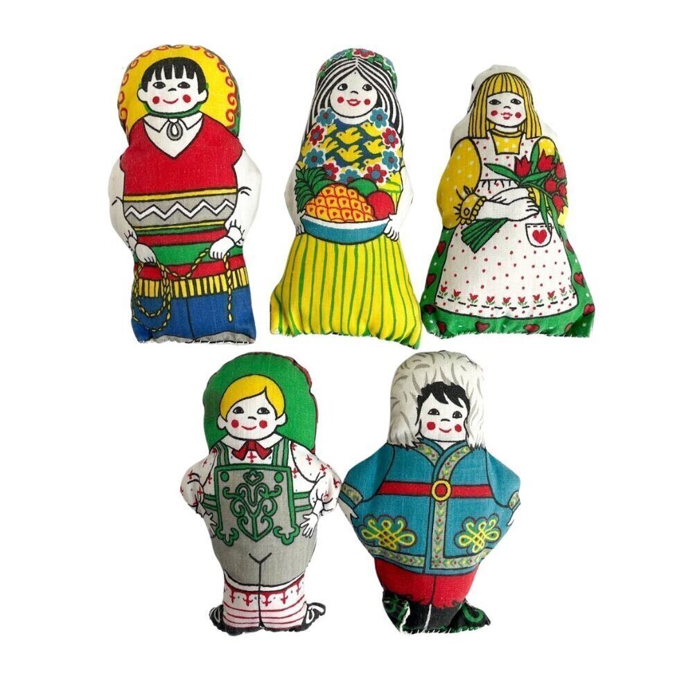 RARE Vintage‎ Multicultural Family Reversible Fabric Stuffed Toy Dolls, Handmade